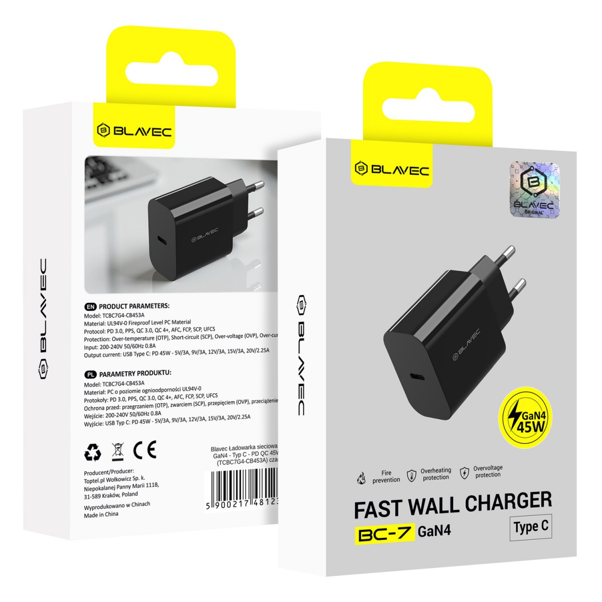 Adaptér Blavec BC-7 GaN4 s funkcí rychlonabíjení 45W (TCBC7G4-CB453A) černý