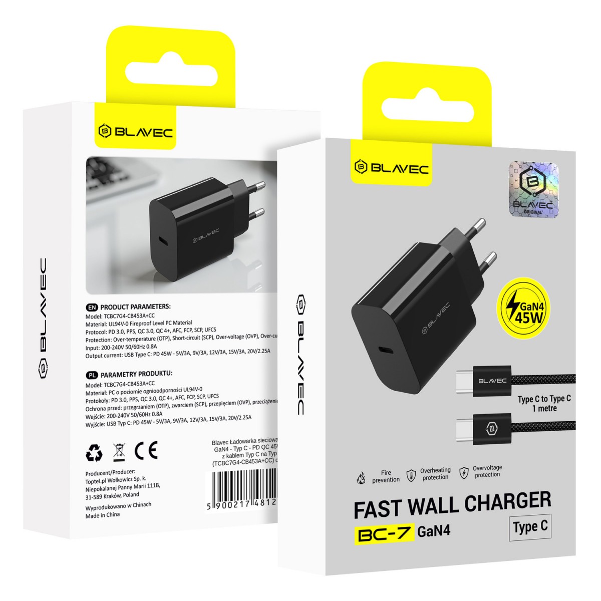 Rychlonabíječka Blavec BC-7 GaN4 s datovým kabelem USB-C 45W (TCBC7G4-CB453A+CC) černá