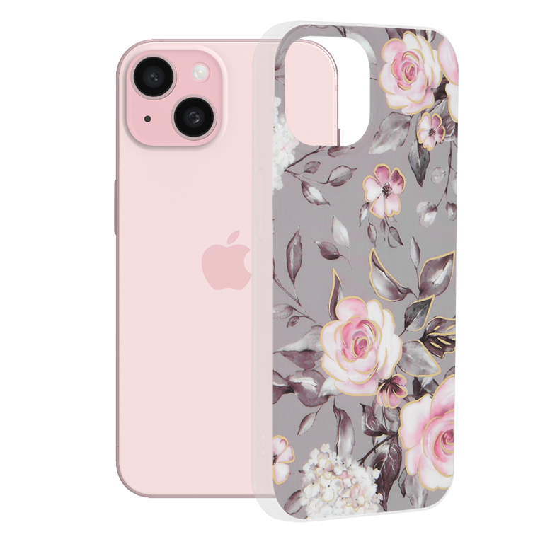 Techsuit Mramorová série iPhone 15 Květ Ruth šedá