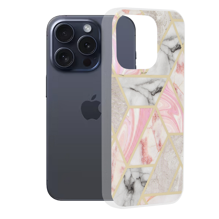 Techsuit Mramorová série iPhone 15 Pro Růžový šestiúhelník
