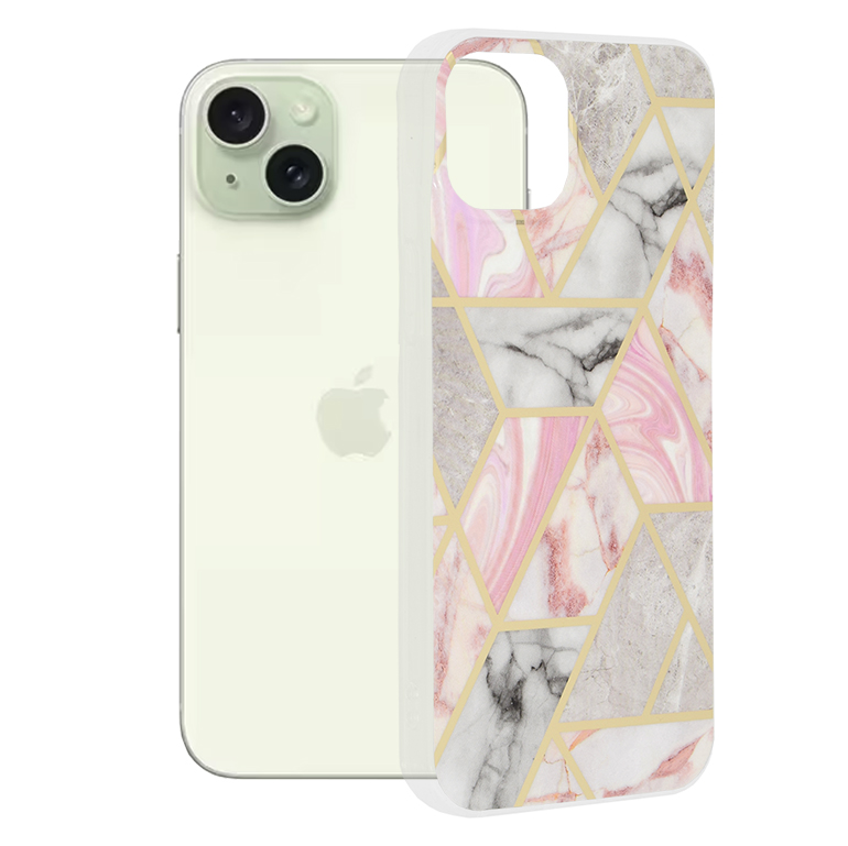 Techsuit Mramorová série iPhone 15 Plus Růžový šestiúhelník