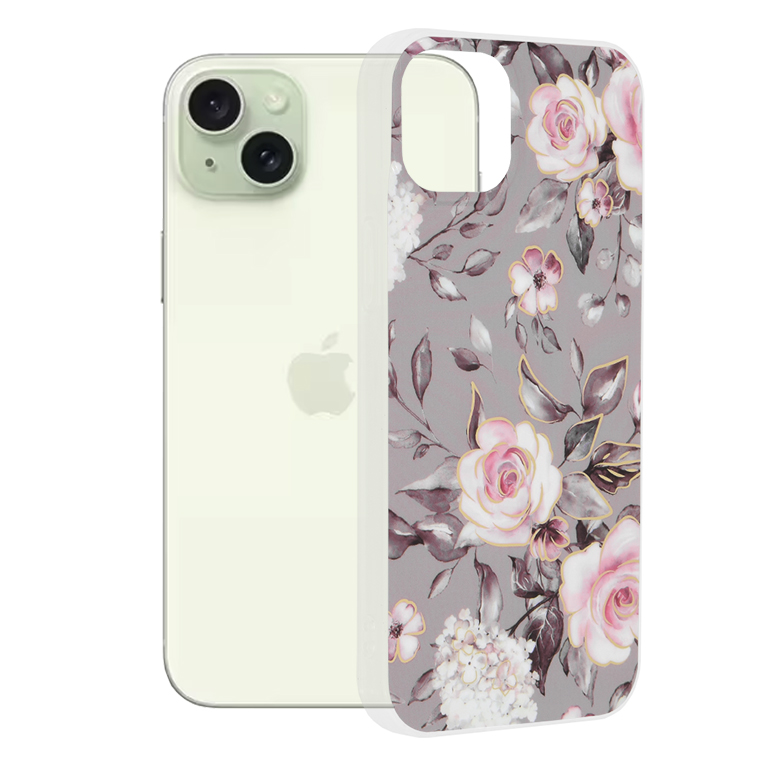 Techsuit Mramorová série iPhone 15 Plus Bloom of Ruth Šedá