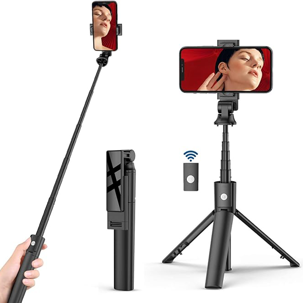 Techsuit Selfie tyč K22 stativ Bluetooth ovladač skládací 97cm černá