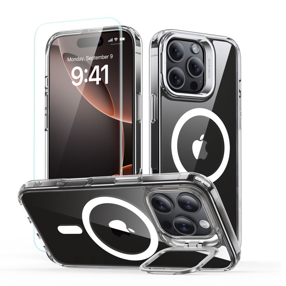 ESR Classic Hybrid HaloLock Kickstand s tvrzeným sklem iPhone 16 Pro čirý