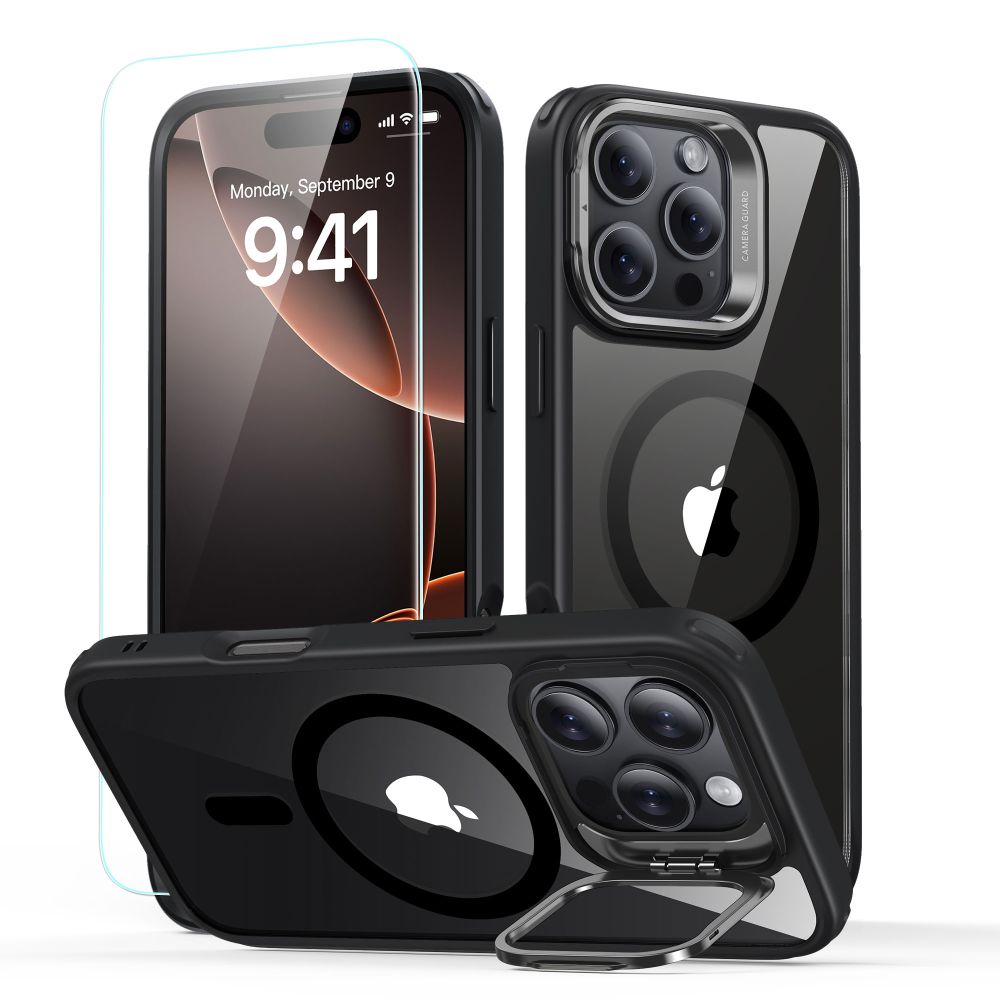 ESR Classic Hybrid HaloLock Kickstand + Tvrzené sklo iPhone 16 Pro černá průhledná