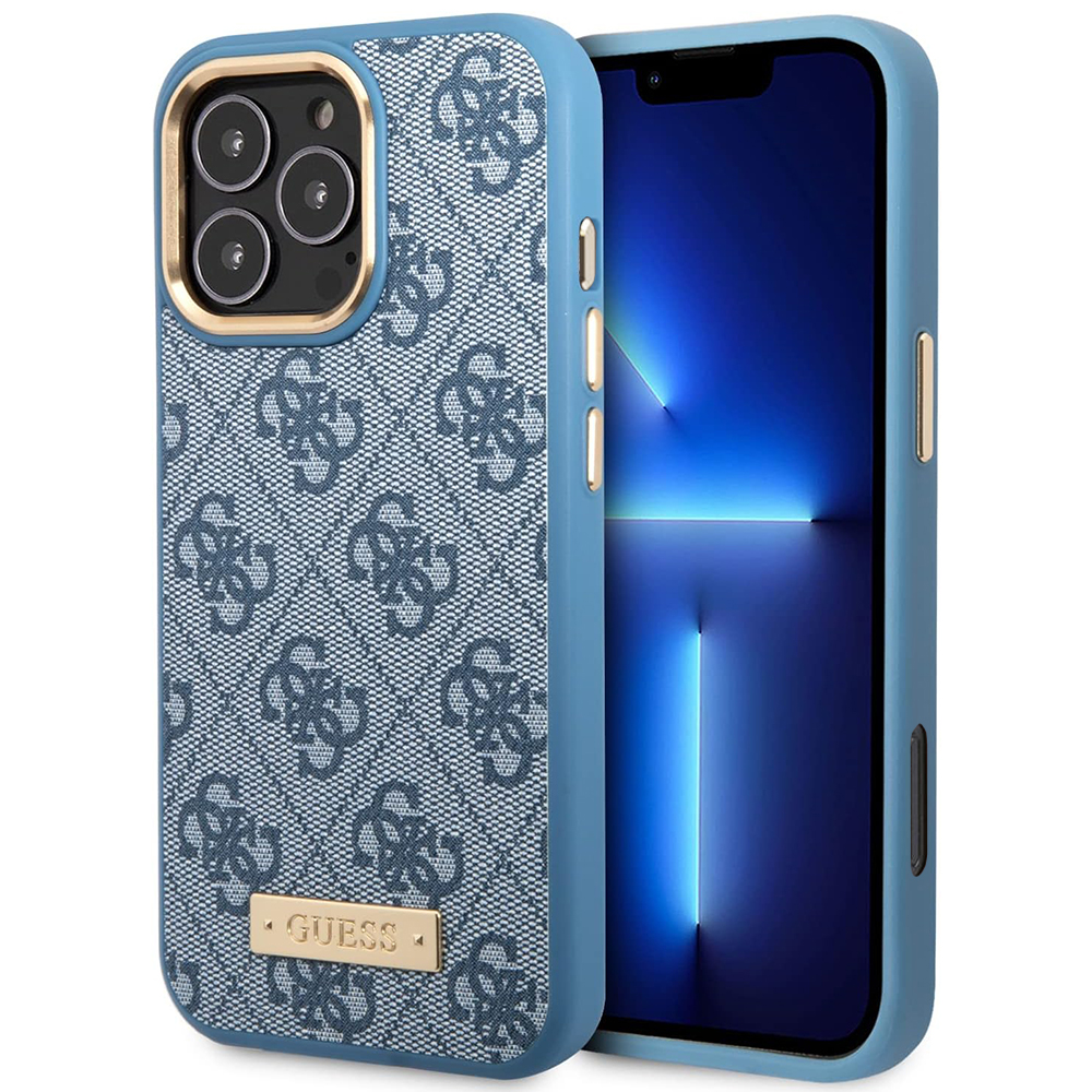 Guess Hardcase 4G Logo Plate MagSafe iPhone 16 Pro modrá