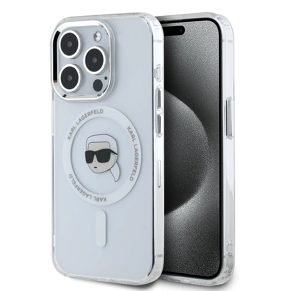 Karl Lagerfeld IML MagSafe iPhone 16 Pro Bílá Metalická Karlova Hlava