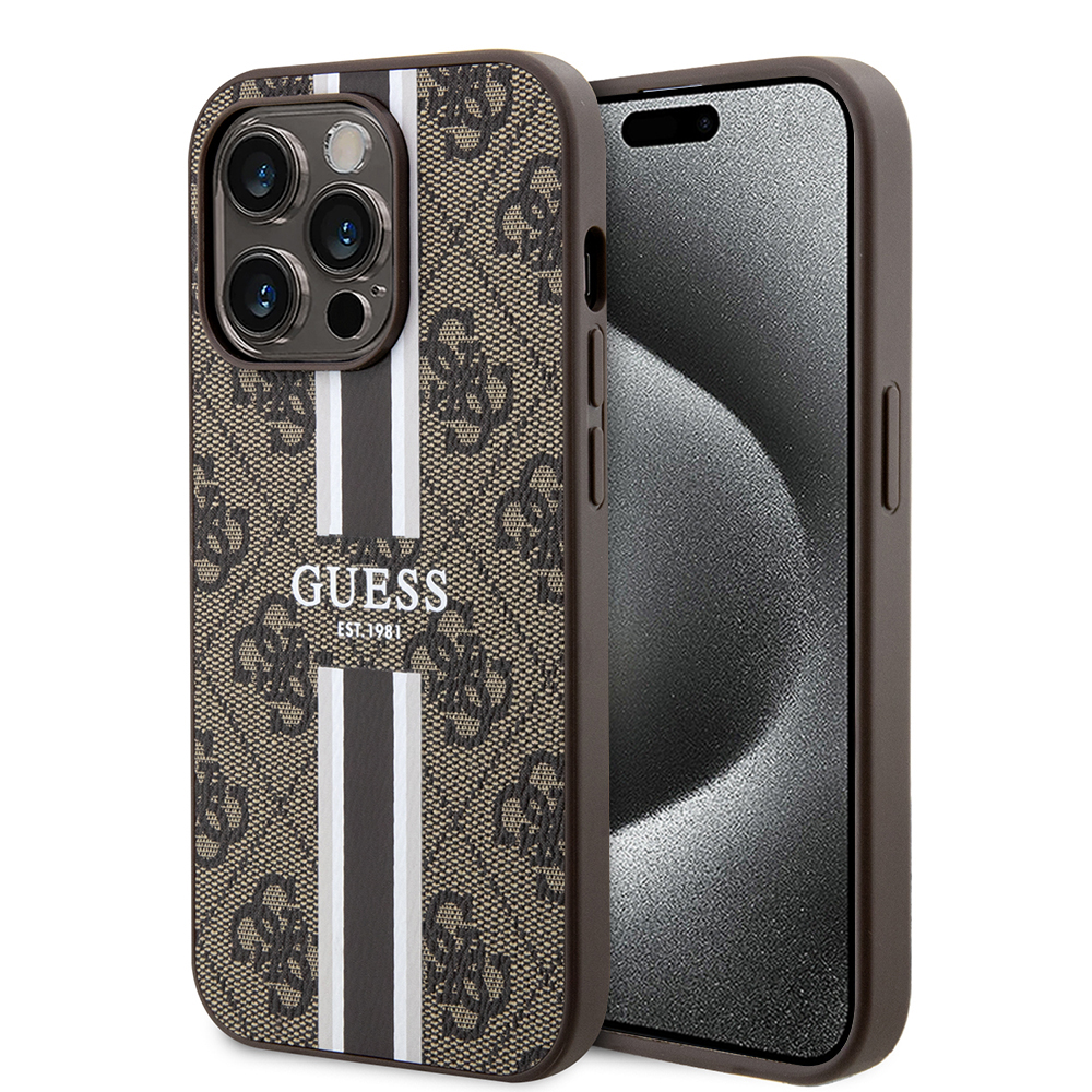 Guess Hardcase 4G Printed Stripes MagSafe iPhone 15 Pro hnědý