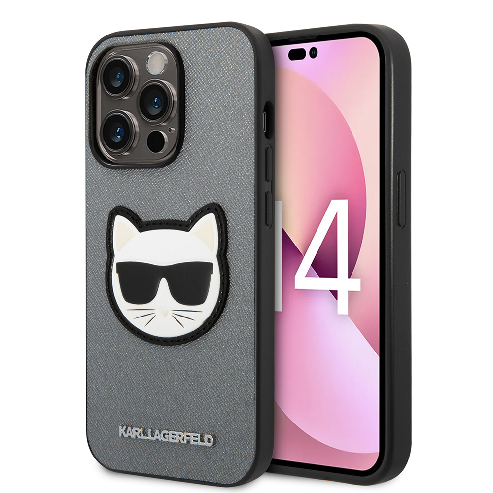 Karl Lagerfeld Saffiano pouzdro iPhone 14 Pro stříbrné Choupette Head