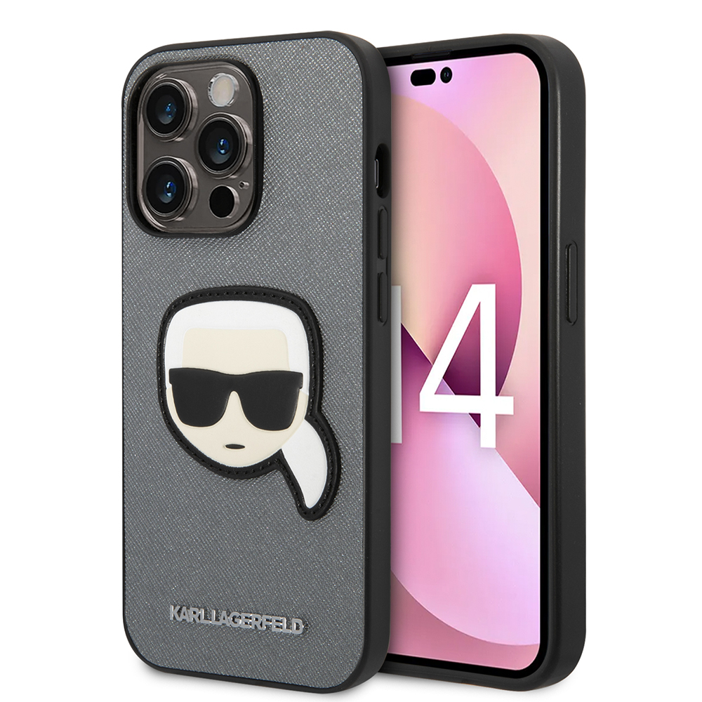 Karl Lagerfeld Saffiano pouzdro iPhone 14 Pro stříbrné Karlova hlava