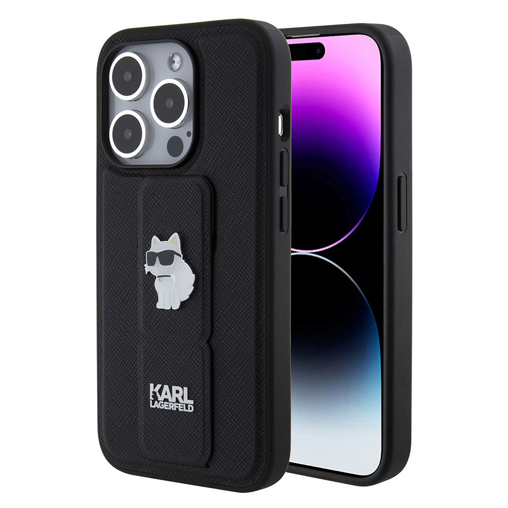 Karl Lagerfeld Saffiano Gripstand iPhone 15 Pro Choupette Pins růžová