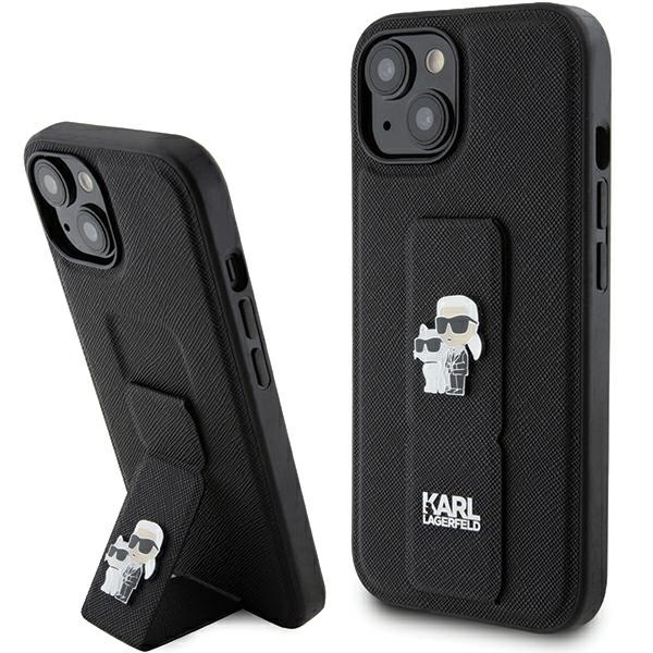 Karl Lagerfeld Saffiano Gripstand iPhone 15 Plus Karl&Choupette Pins růžová