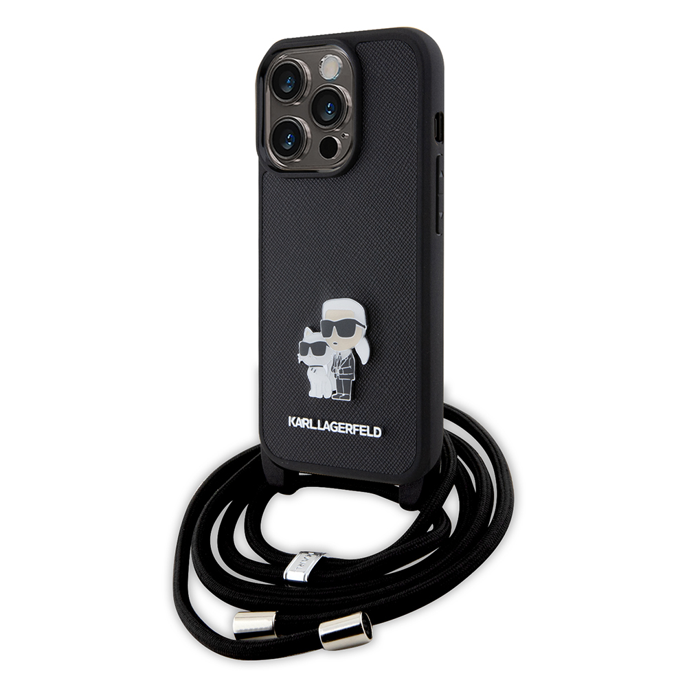 Karl Lagerfeld Saffiano Crossbody iPhone 15 Pro Metal Pin Karl&Choupette černá