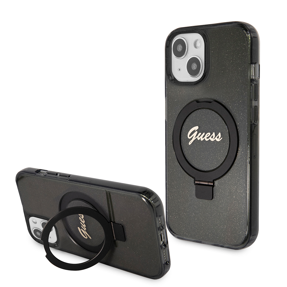 Guess Ring Stand Script Glitter MagSafe iPhone 15 černý