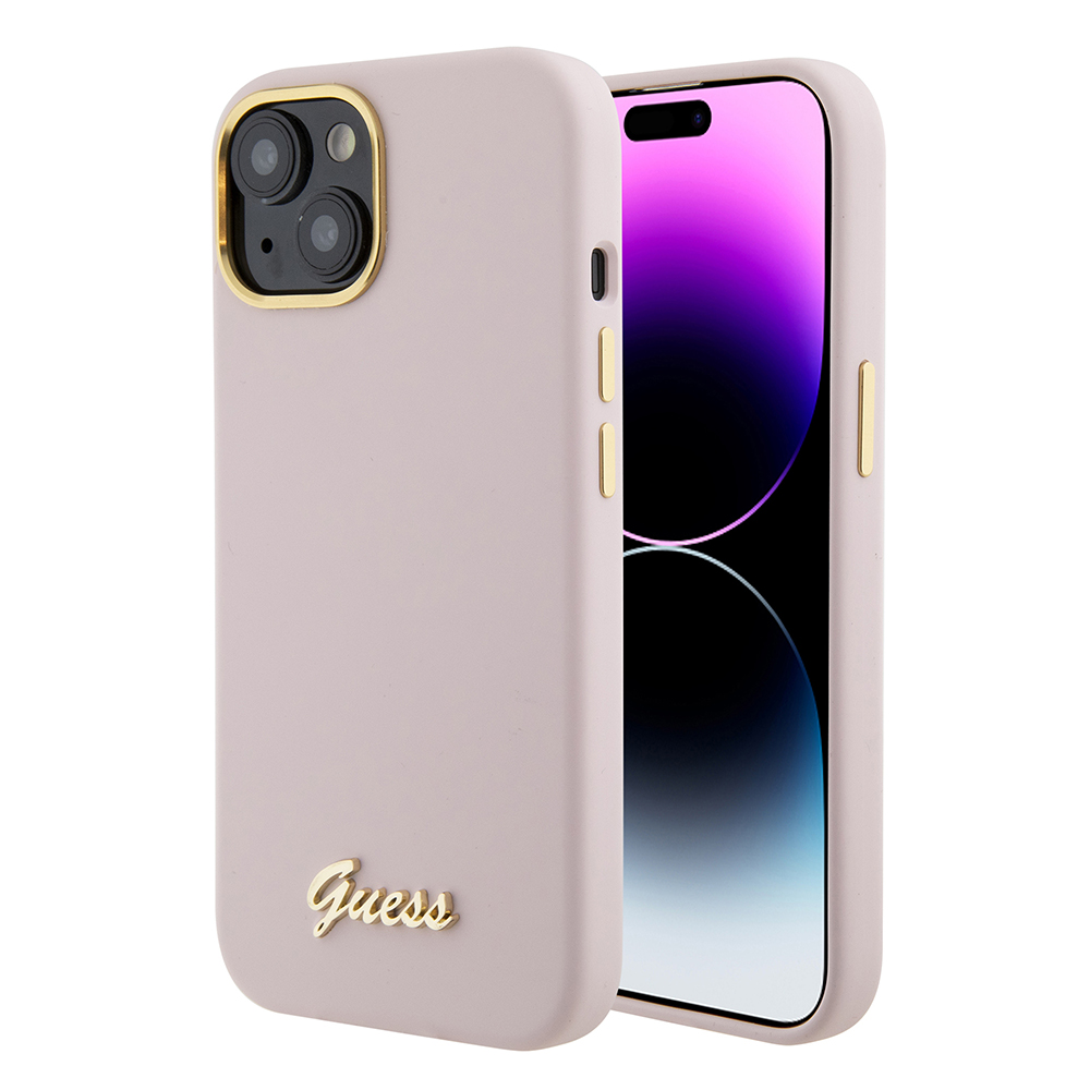 Guess Silicone Script Metal Logo & Frame iPhone 15 světle růžová