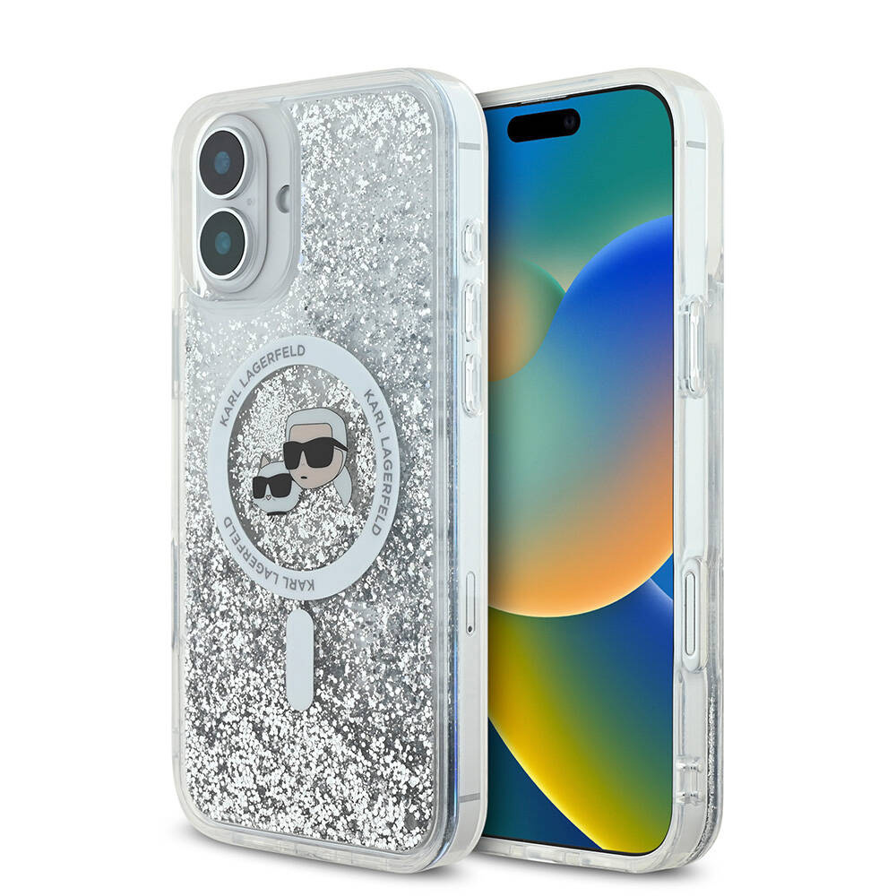 Karl Lagerfeld Glitter Liquid MagSafe iPhone 16 průhledný Karl&Choupette Head