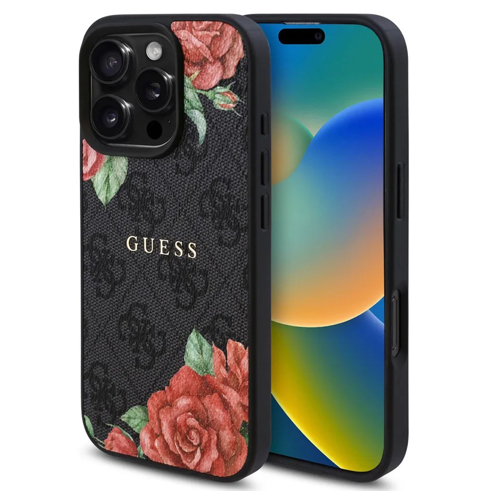 Guess Hardcase 4G Flower Print MagSafe iPhone 16 Pro černá