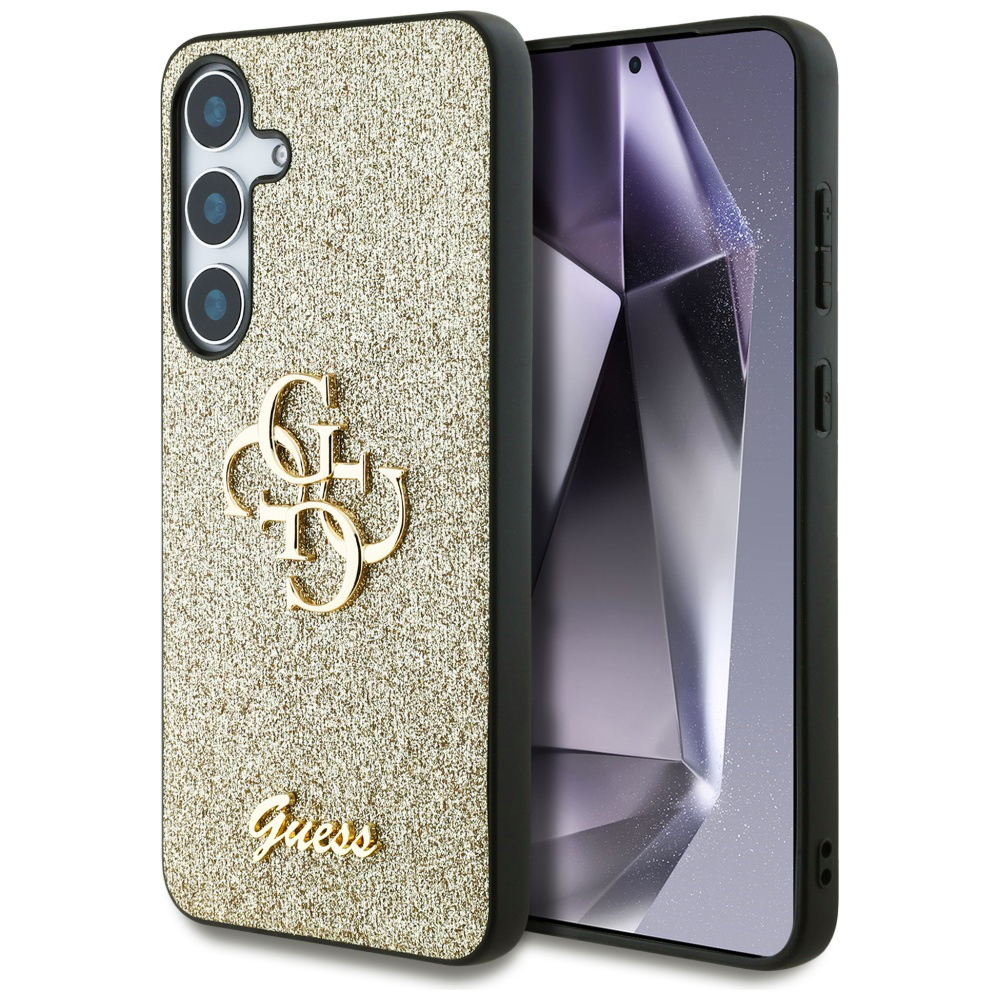 Guess Glitter Script Big 4G Logo pouzdro Samsung Galaxy S25 zlatá