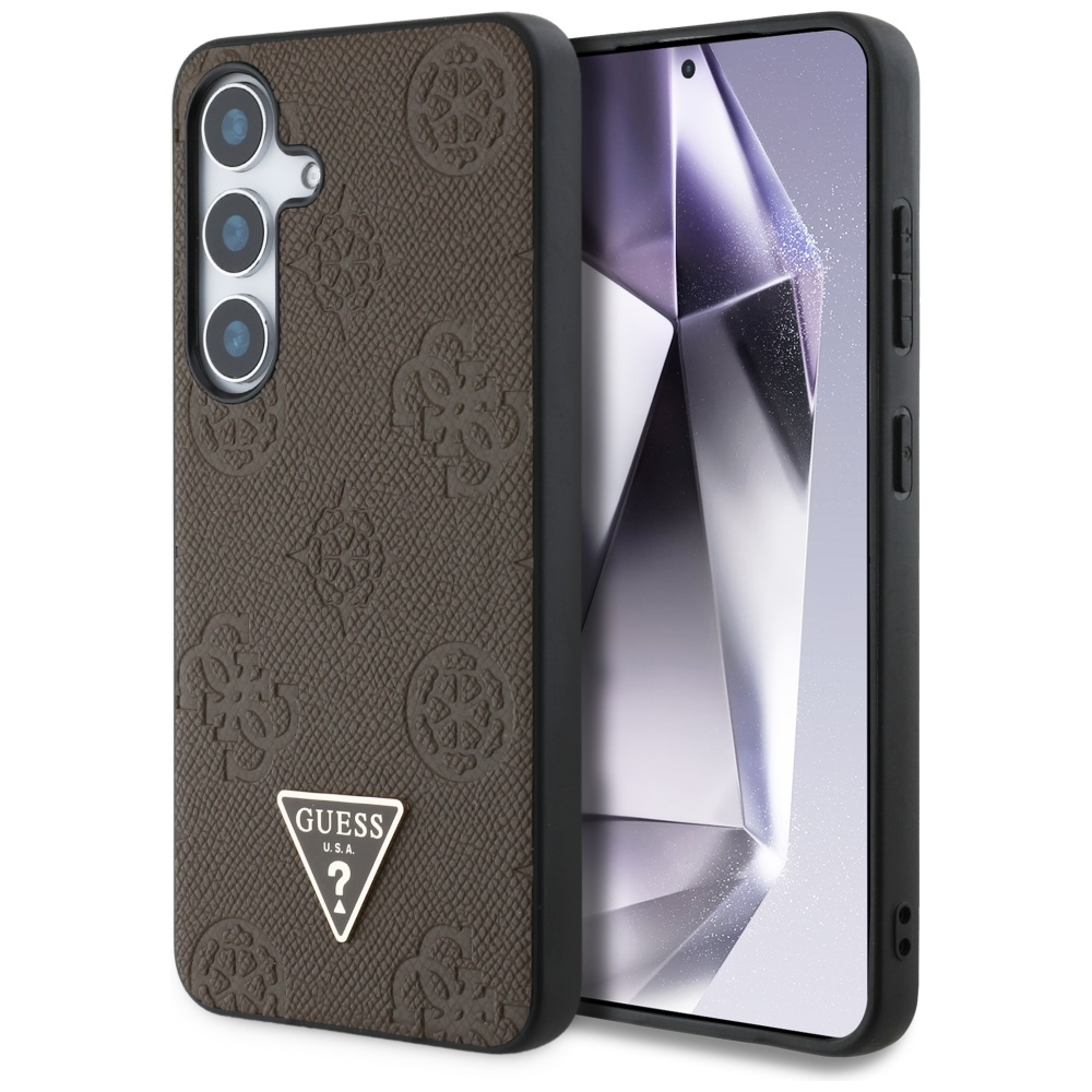 Guess Peony Grained Hot Stamp Triangle Logo MagSafe Samsung Galaxy S25 hnědý