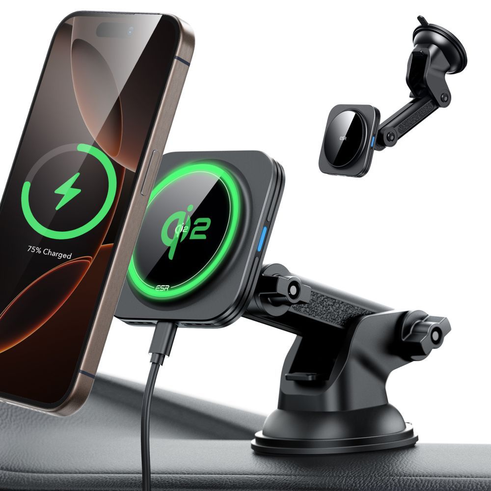 ESR Car Holder s bezdrátovým nabíjením Qi2 HaloLock s CryoBoost MagSafe kompatibilní 15W na palubní desku černý