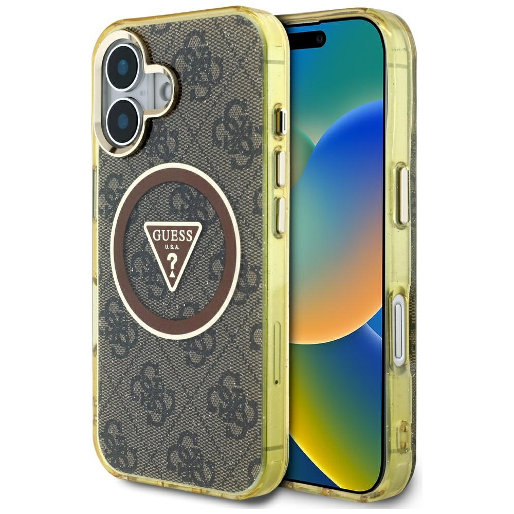 Guess IML Metal Glitter 4G Circle Triangle MagSafe iPhone 16 Hnědá