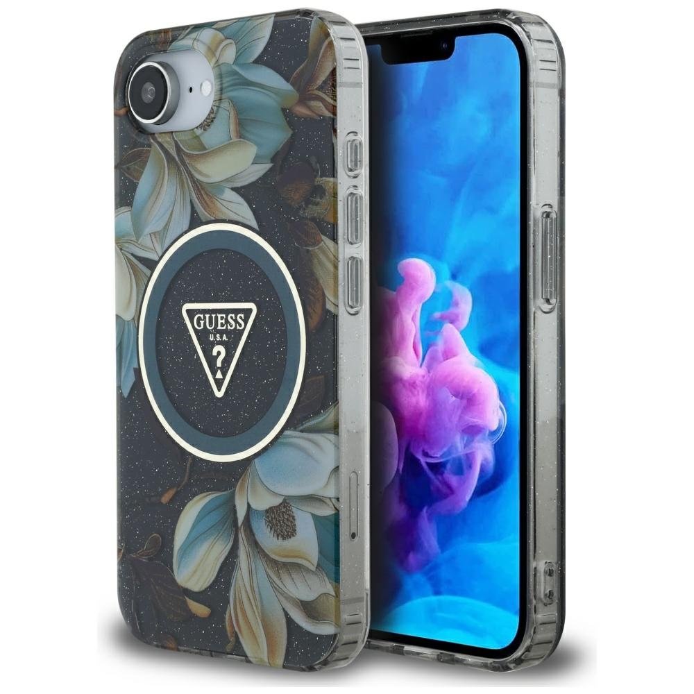 Guess IML Metal Glitter Flowers Triangle MagSafe iPhone 16e černý