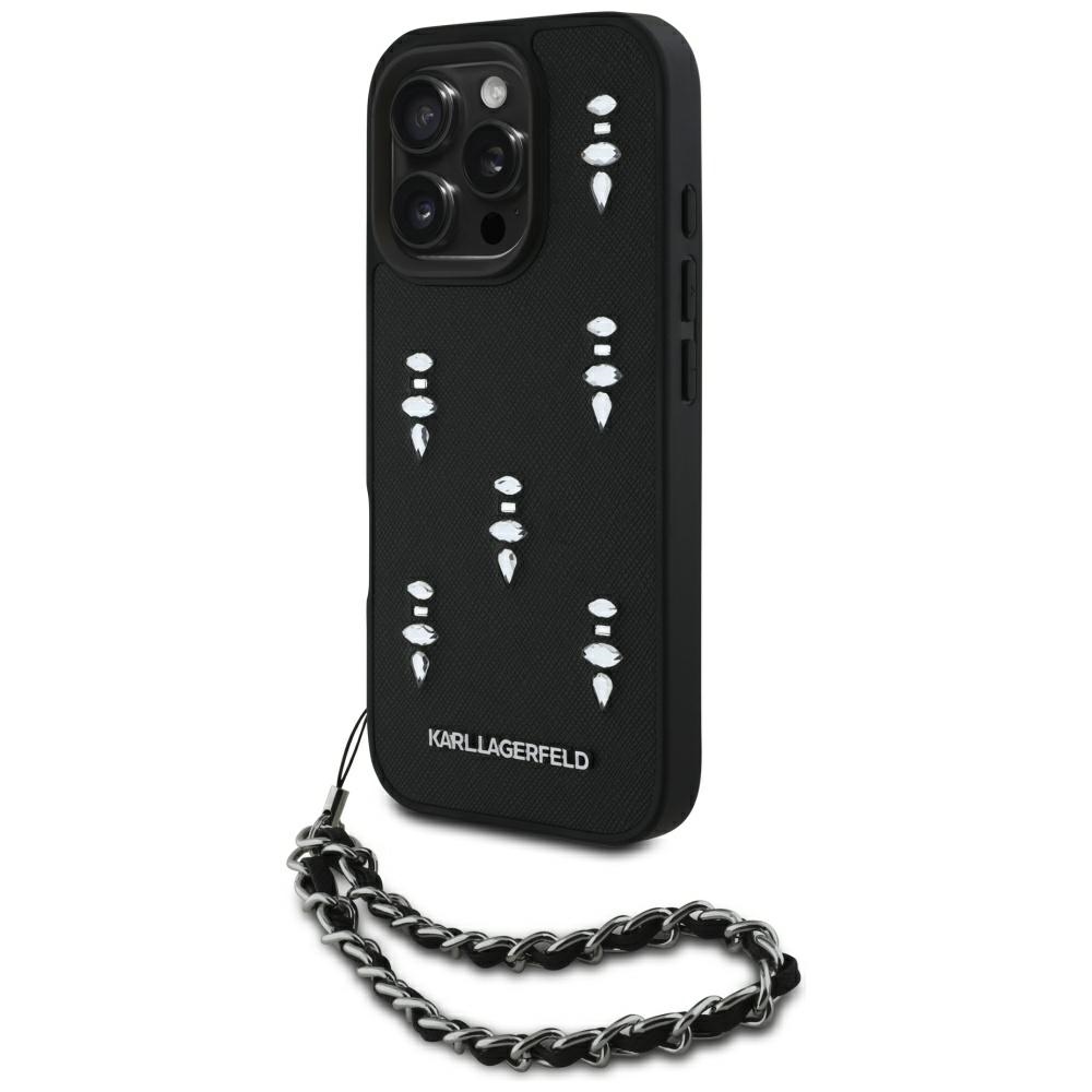 Karl Lagerfeld Saffiano pouzdro iPhone 16 Pro Max krystaly a přívěsek