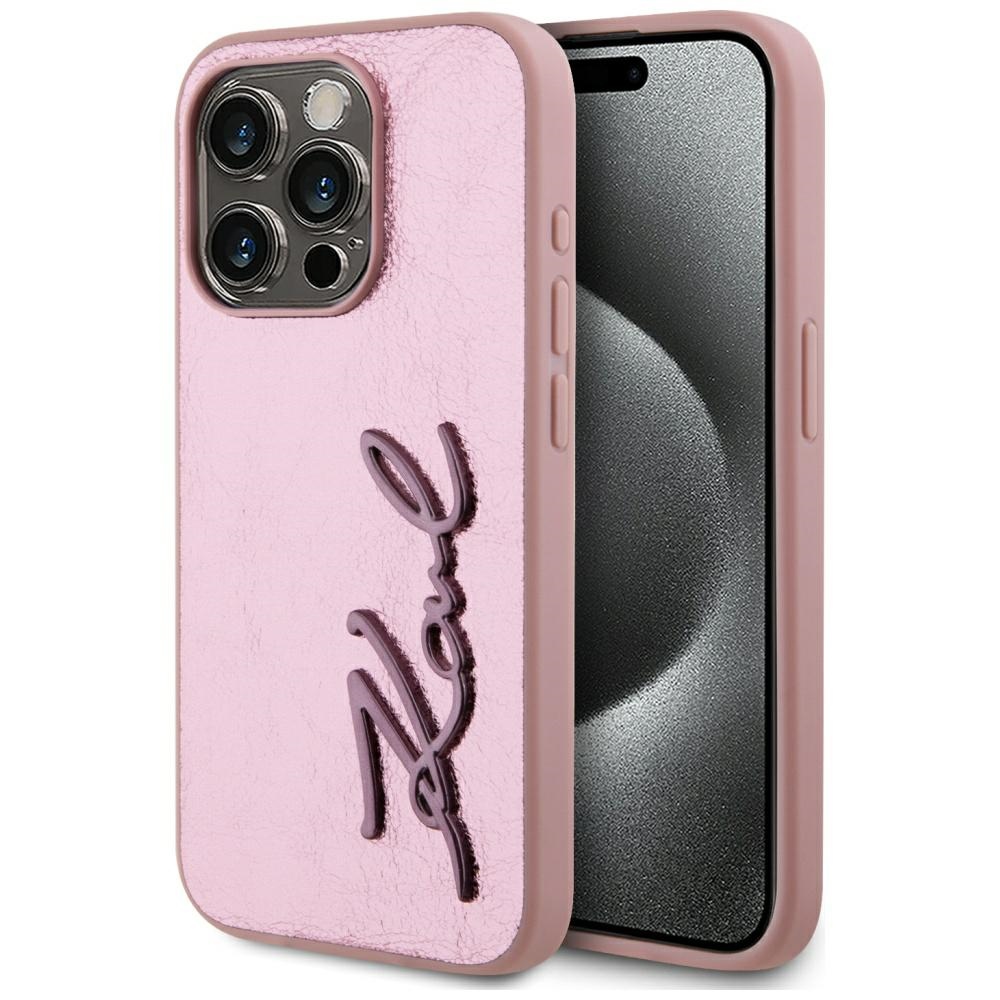 Karl Lagerfeld Hardcase Leather iPhone 15 Pro Růžová Metal Signature