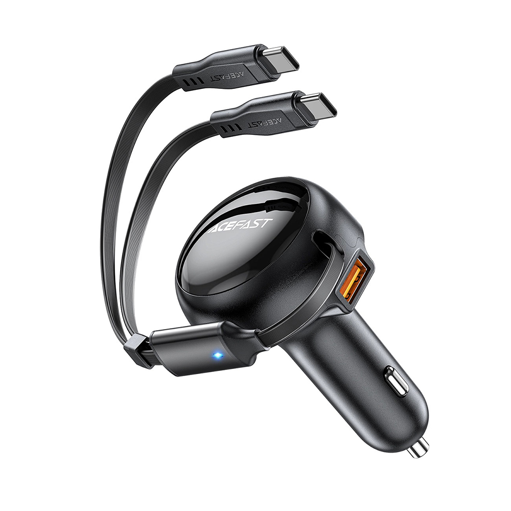 Acefast Car Charger B13 s navíjecím kabelem USB 2x Type-C 53W 70 + 15cm černá