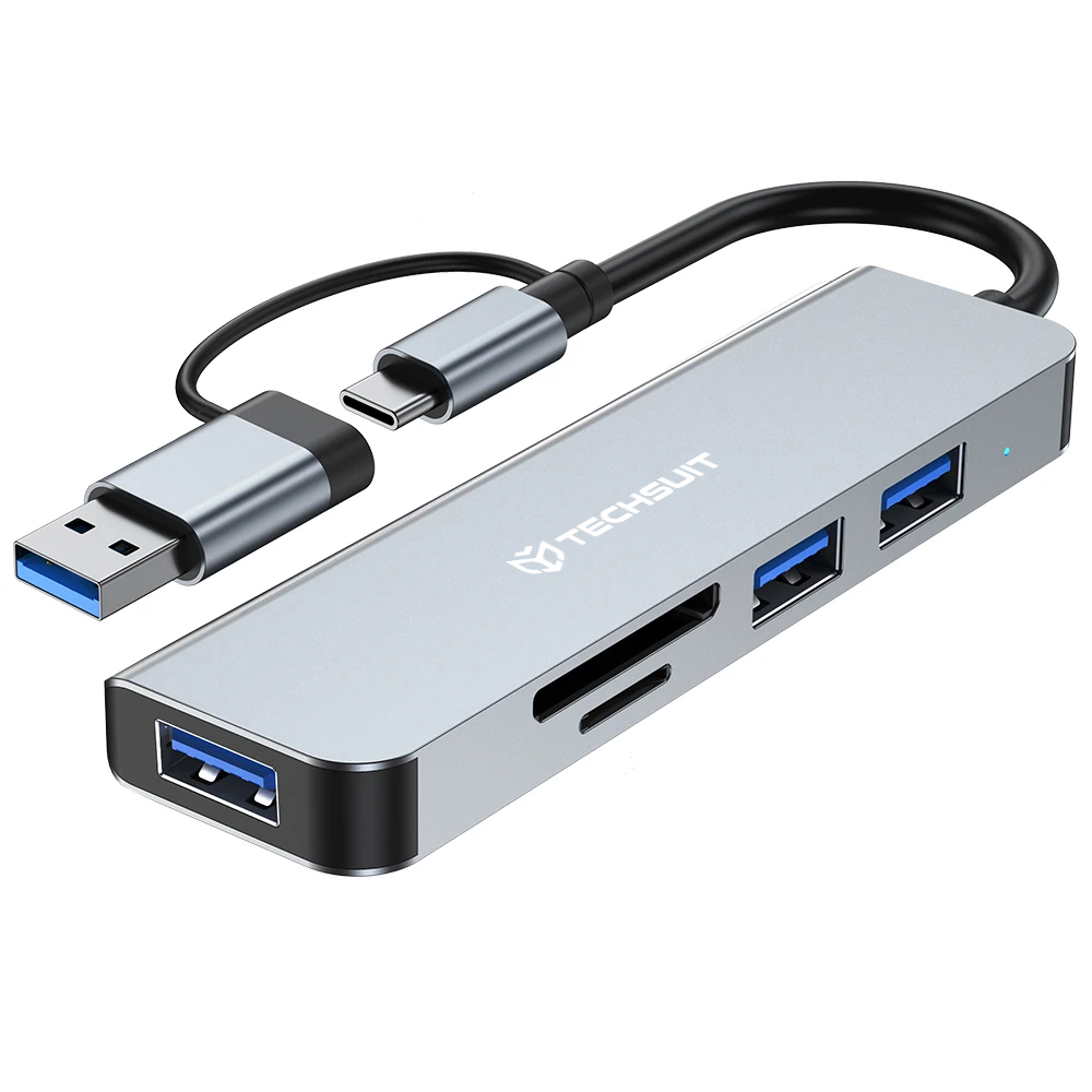 Techsuit Docking Station DataBridge 5 v 1 (H7) USB Type-C na USB 3.0 2x USB 2.0 SD/TF karta šedá