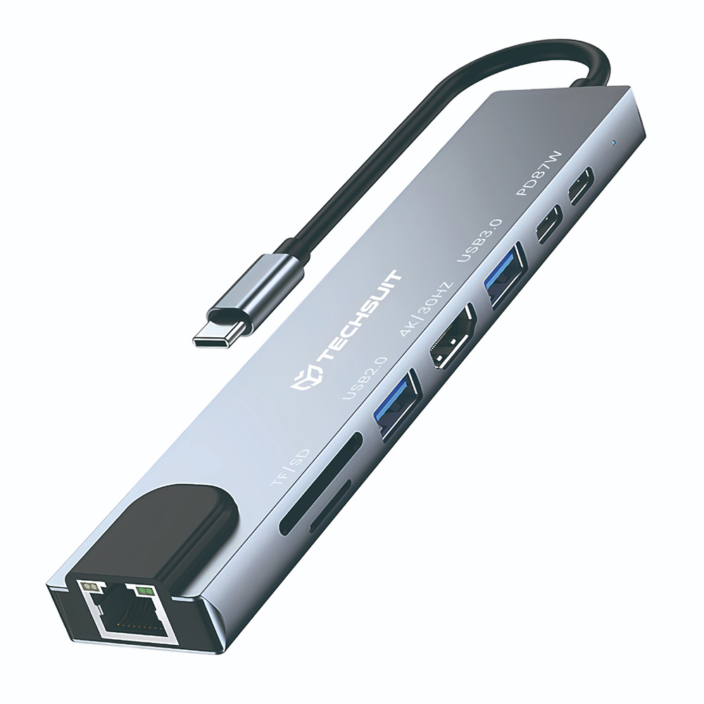 Techsuit Docking Station NetBridge 8 in 1 H2 Type-C šedá