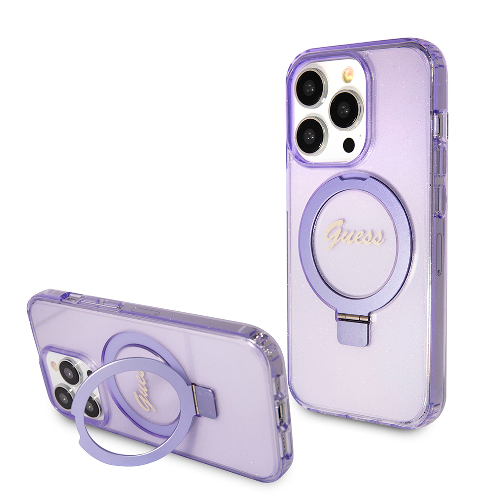 Guess Ring Stand Script Glitter MagSafe iPhone 15 Pro fialová