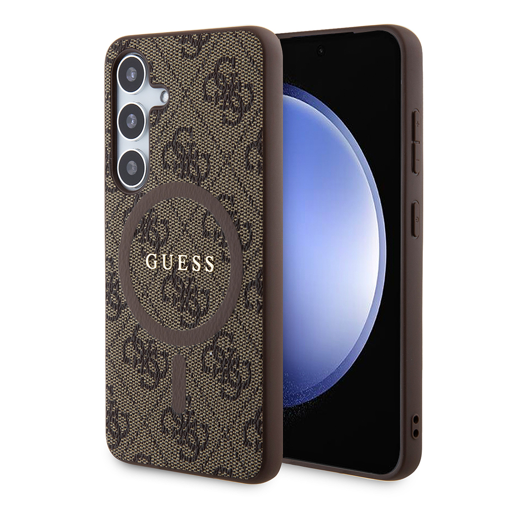 Guess 4G Collection kožené MagSafe pouzdro Samsung Galaxy S24 hnědé
