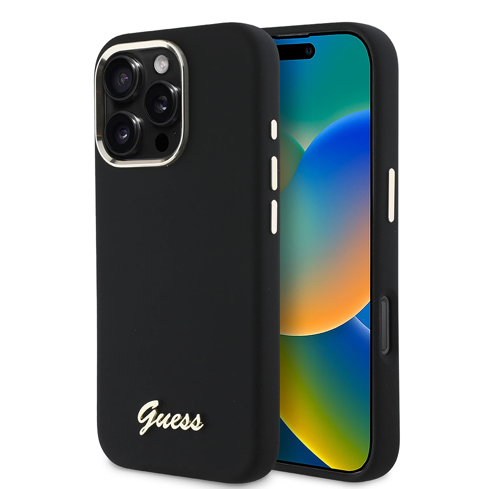 Guess Silicone Script Metal Logo & Frame GUHCP16LSMBSLK iPhone 16 Pro černá