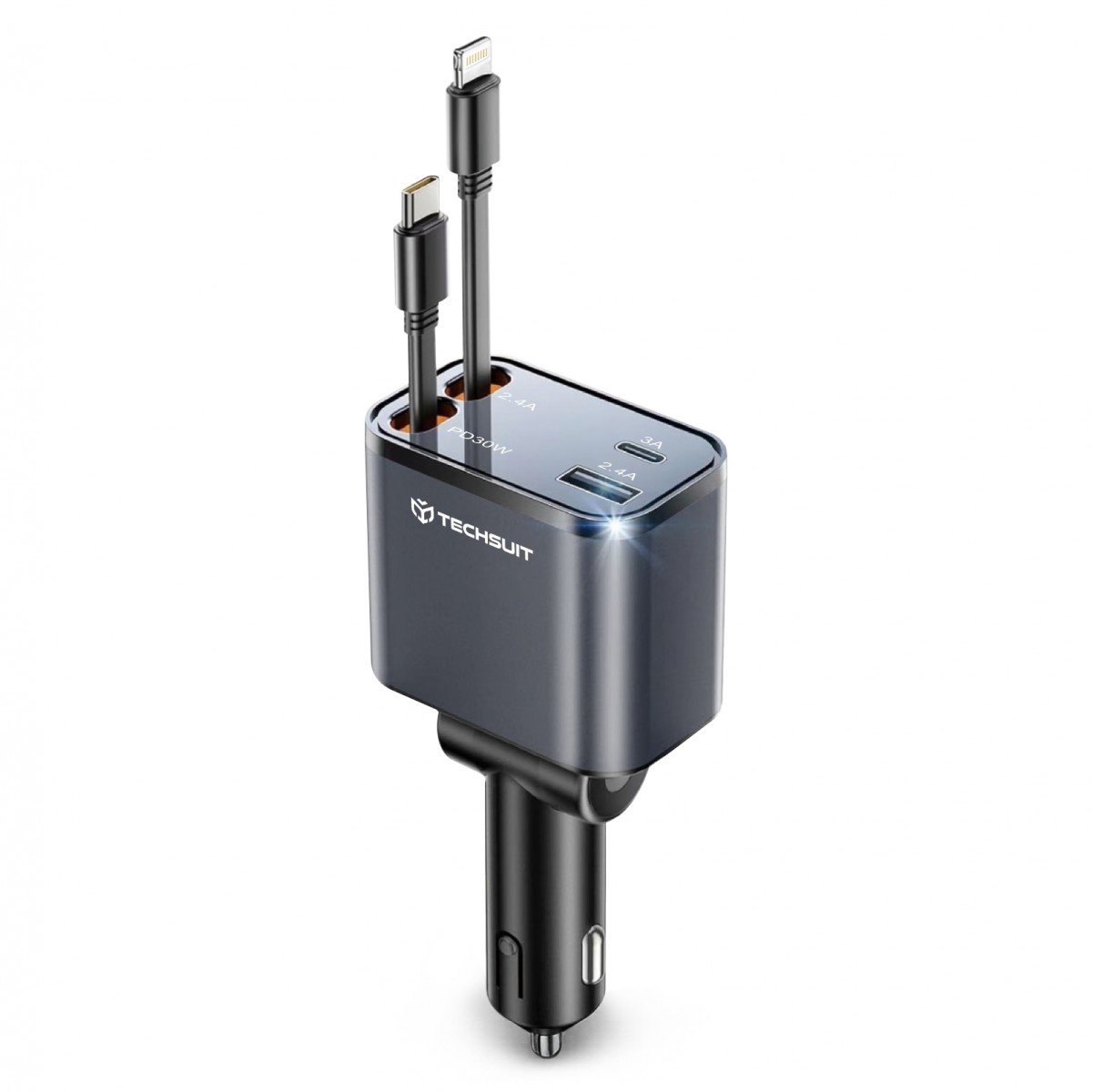Techsuit Premium Car Charger NanoVoltX C1 s USB-C Lightning kabely šedý