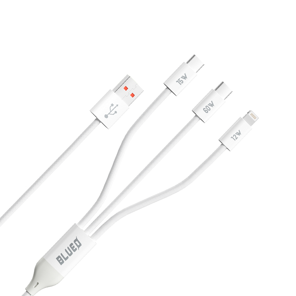 Blueo 3v1 datový kabel USB-A na 2x Type-C Lightning rychlé nabíjení opletený bílý