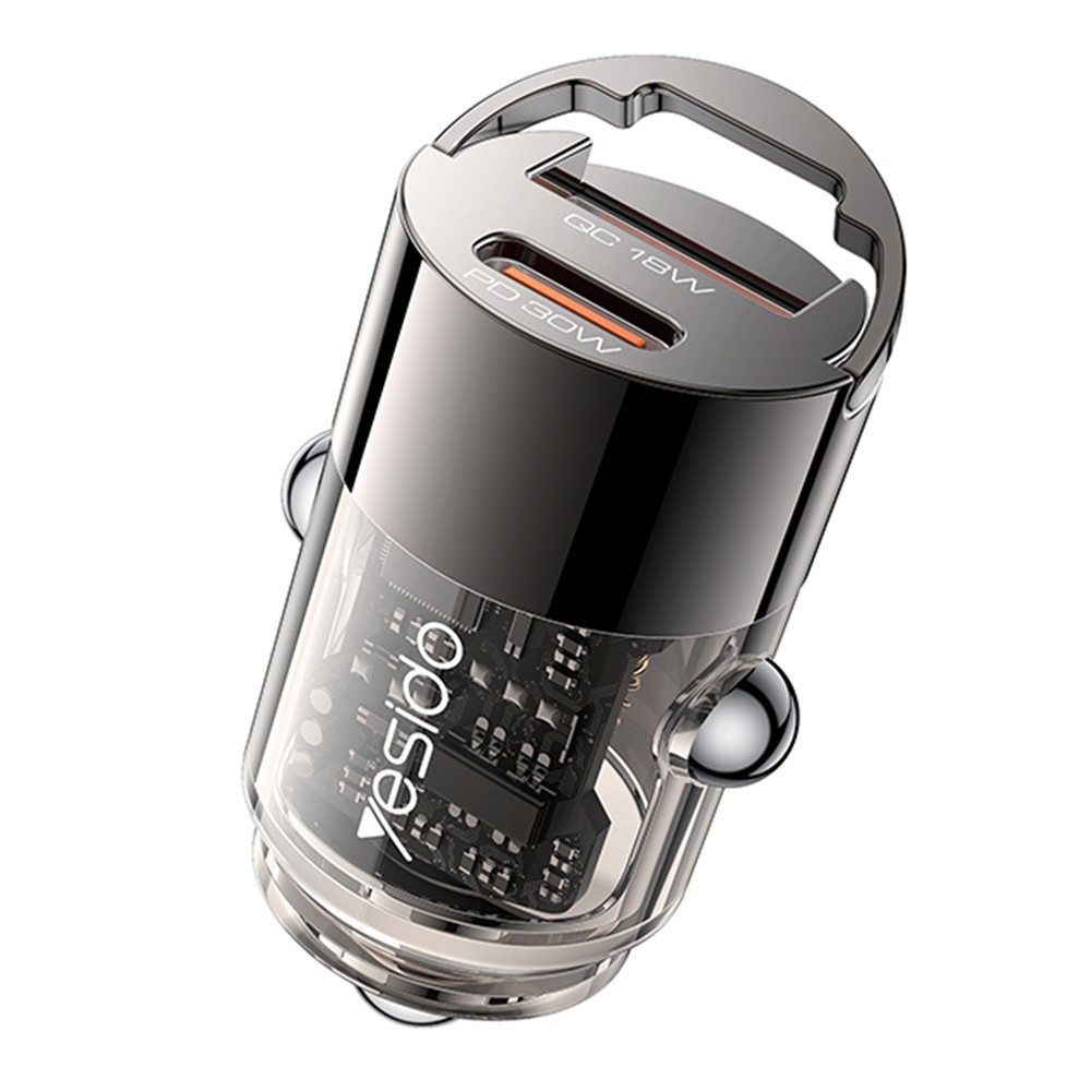 Yesido Hidden Car Charger Y68 Dvouportová USB-A + Type-C PD30W Hliník Rychlé nabíjení Černá