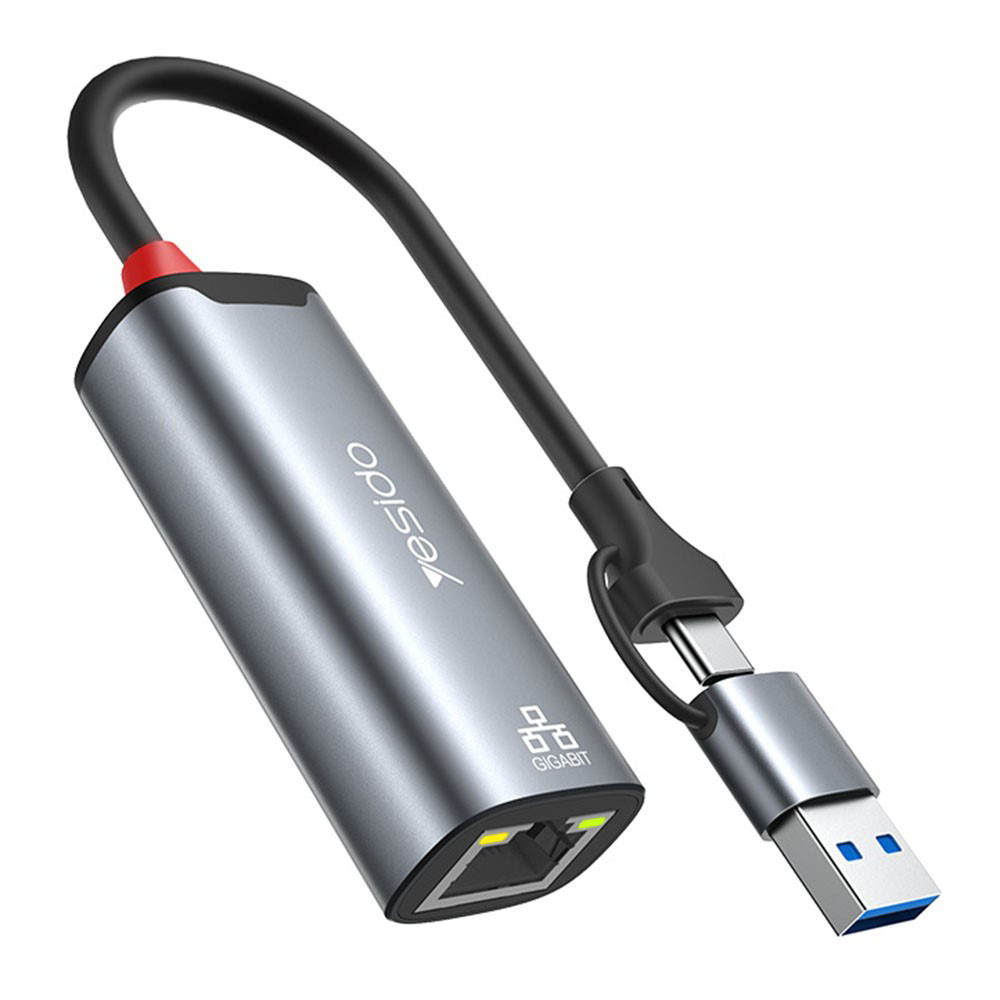 Yesido Ethernet Adapter HB26 USB Type-C na RJ45 pro Windows MacOS Linux 1000Mbps šedý