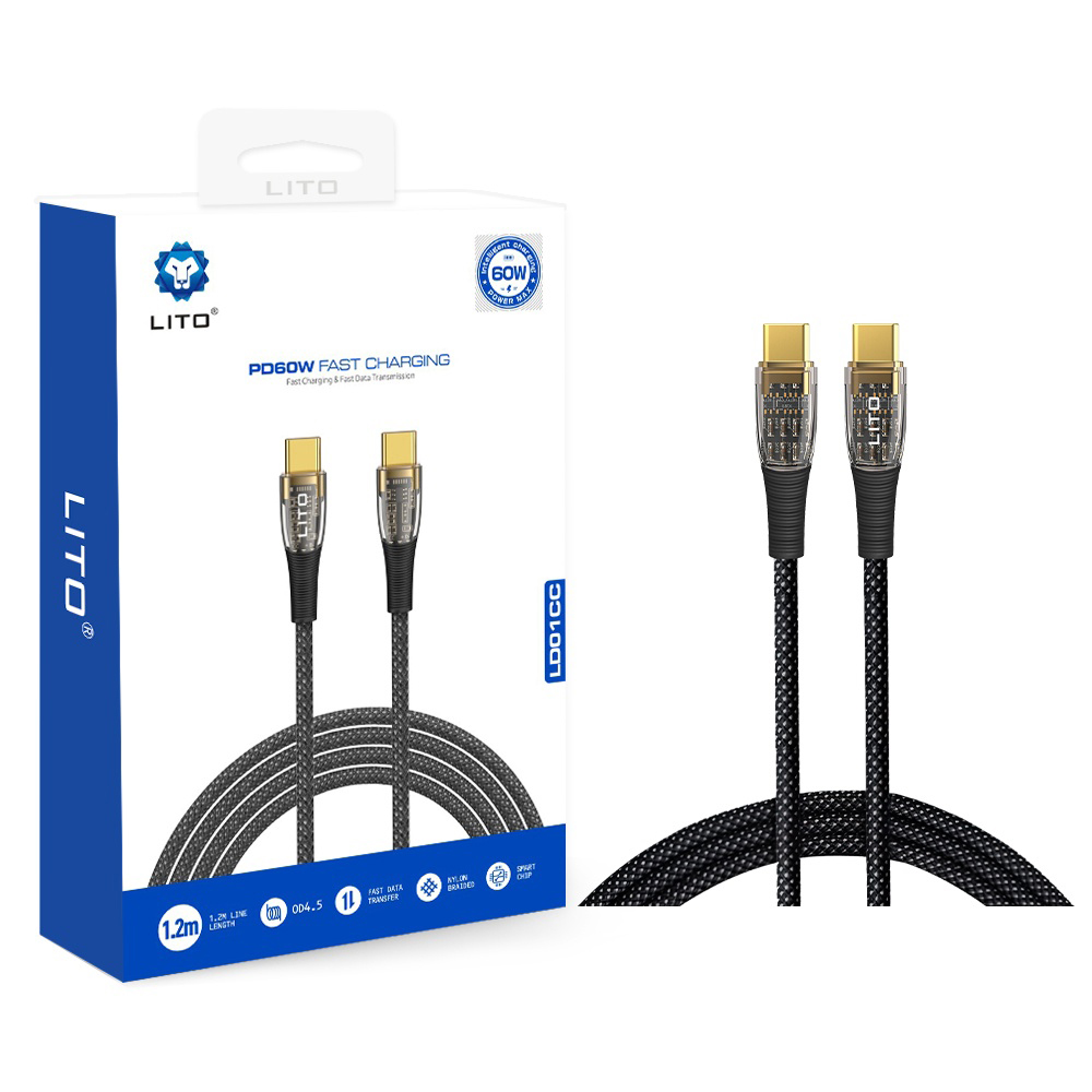 Lito - Datový kabel Transparent (LD01) Type-C na Type-C rychlé nabíjení 60W opletený pozlacený konektor 1.2m černý