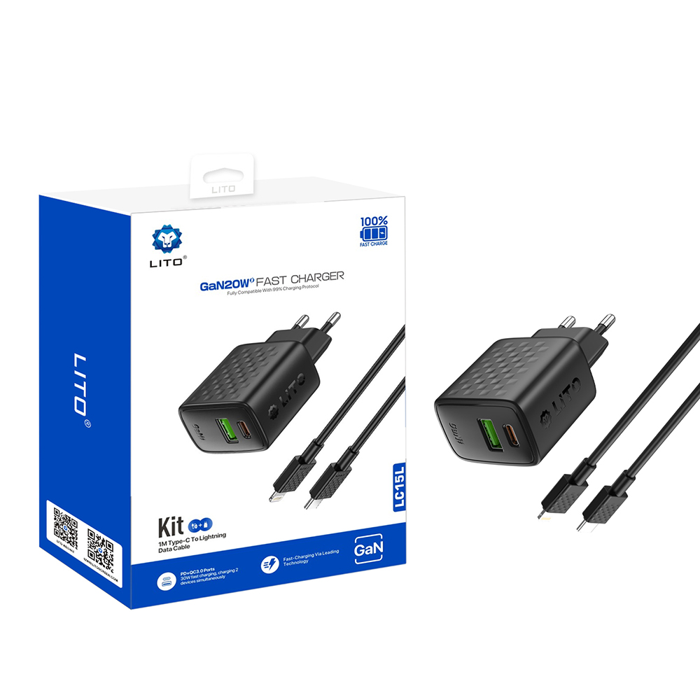 Lito Wall Charger LC15L s Lightning kabelem Type-C USB výstup PD20W GaN EU zástrčka černý