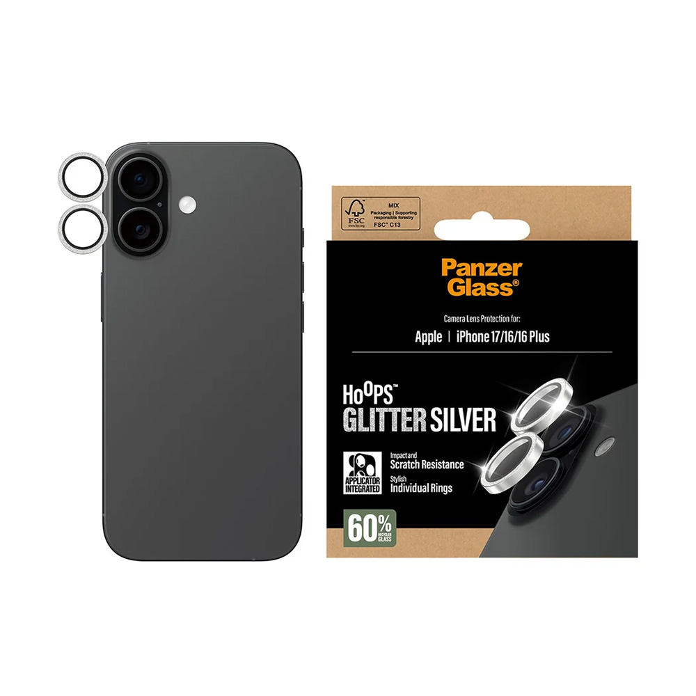 PanzerGlass® Hoops® ochrana čočky fotoaparátu iPhone 17/16/16 Plus stříbrná třpytivá