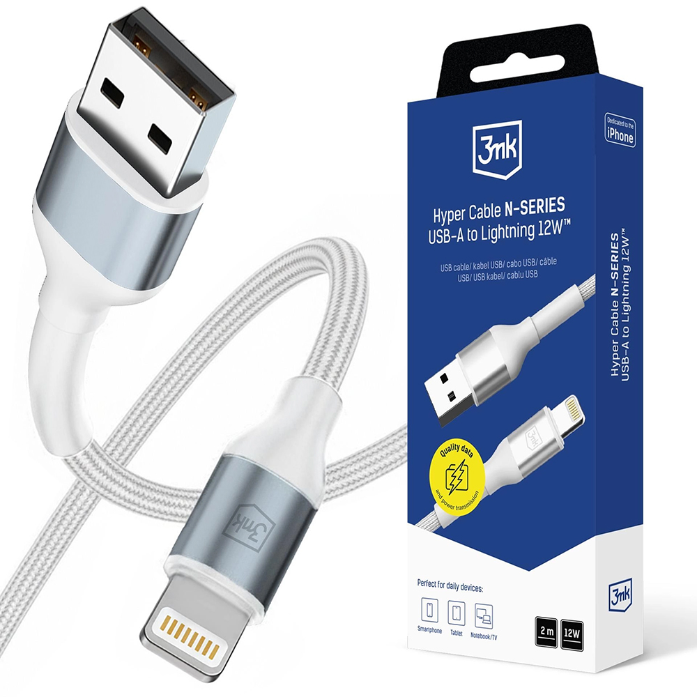 3mk datový kabel Hyper N-Series USB to Lightning 12W 5V2.4A 2m bílý