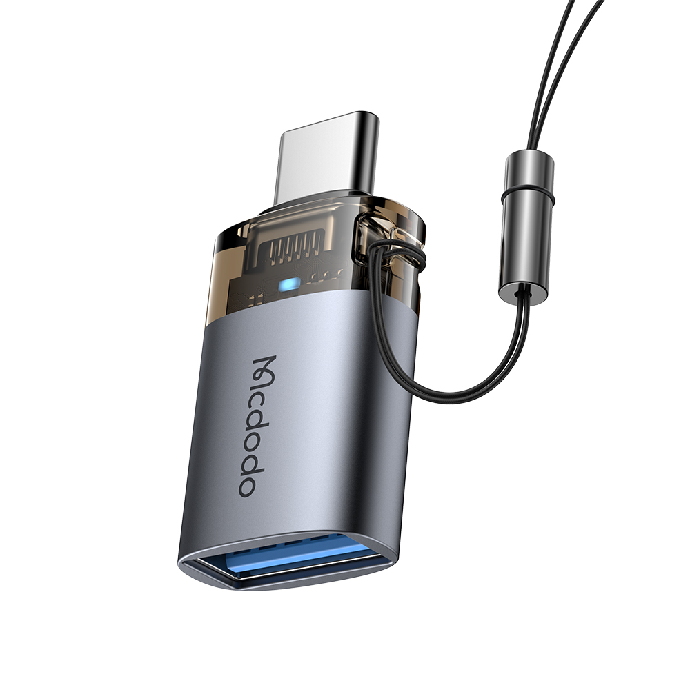 Mcdodo - OTG adaptér (OT-7400) - USB3.0 na Type-C, hliníková slitina, nabíjení a synchronizace dat, 5Gbps, modré světlo, poutko - černá