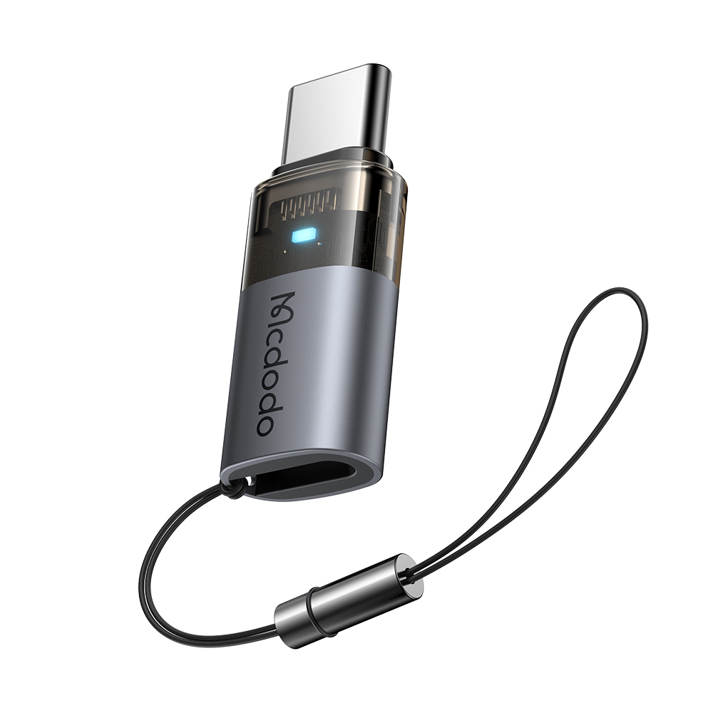 Mcdodo - OTG adaptér (OT-7610) - Lightning na Type-C, hliníková slitina, nabíjení a synchronizace dat, 60W, modré světlo, poutko - černá