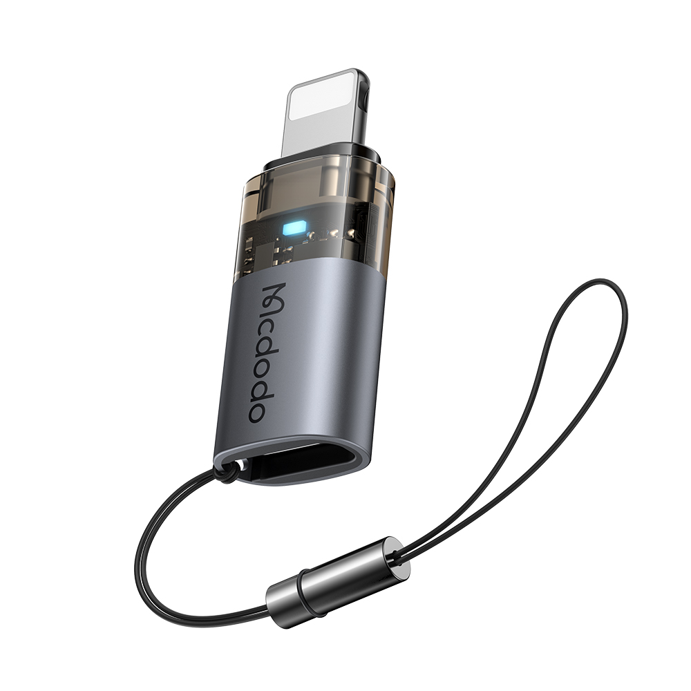 Mcdodo - OTG adaptér (OT-7630) - USB-C na Lightning, hliníková slitina, nabíjení a synchronizace dat, 36W, modré světlo, šňůrka - černá