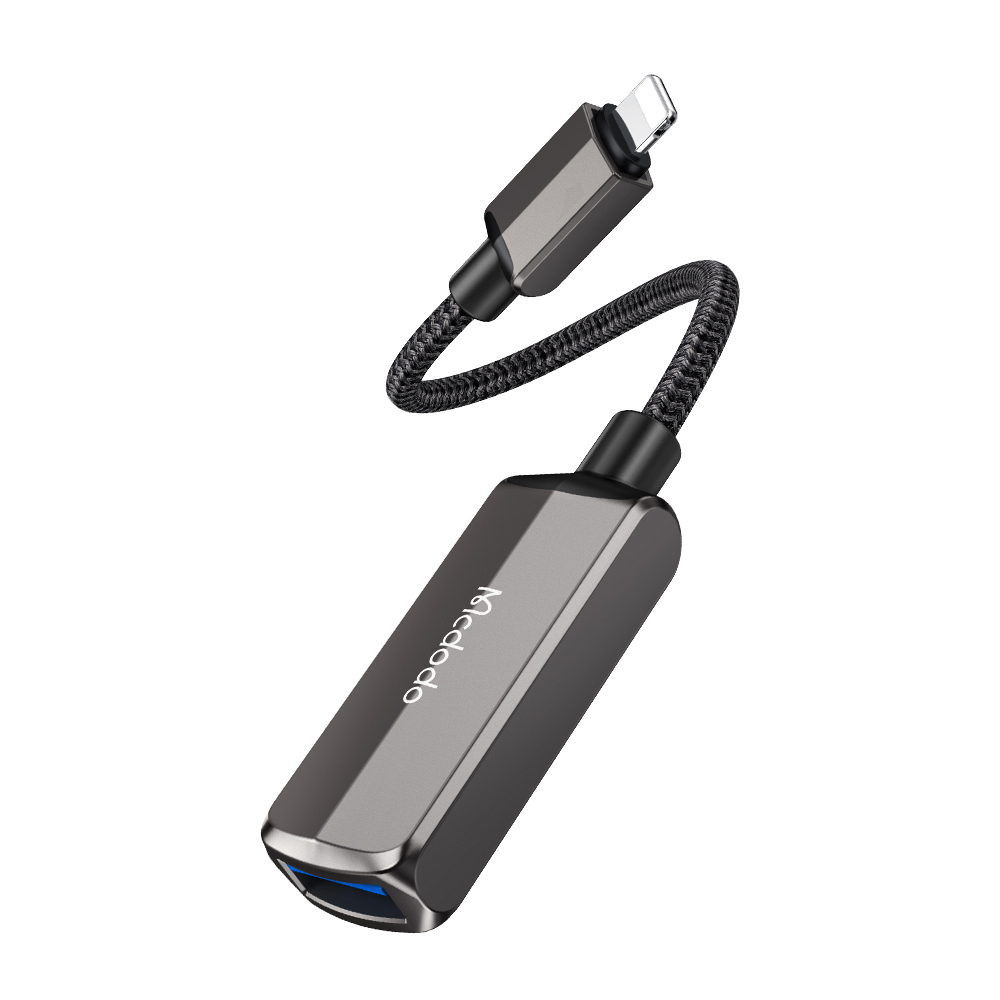 Mcdodo – OTG adaptér (CA-2690) – Lightning na USB, Lightning, hliníková slitina, nylon, 2,4 A – tmavě šedá
