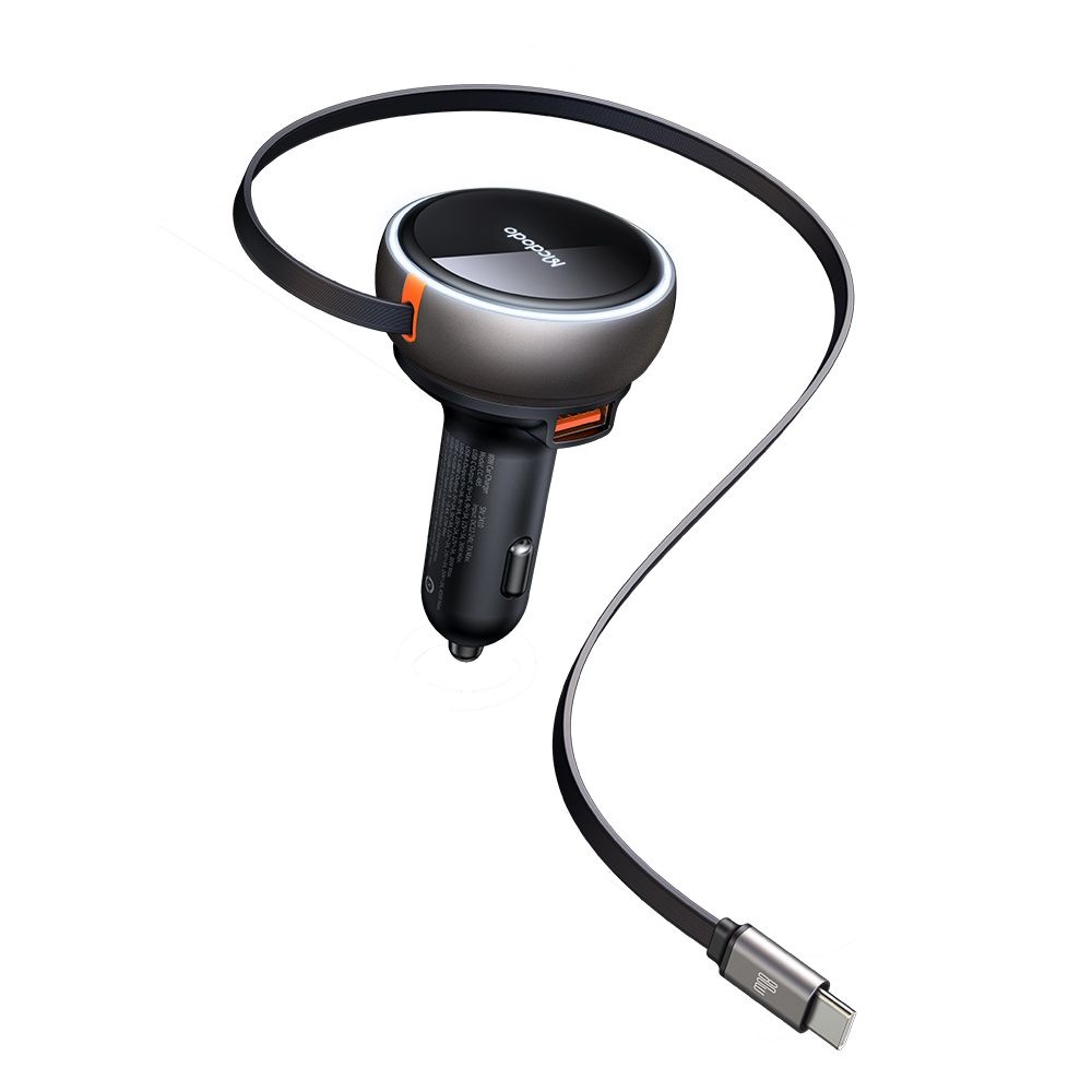 Mcdodo – nabíječka do auta (CC-4850) – s výsuvným kabelem USB-C, 80W, duální port, světelný indikační kroužek, 80cm – černá