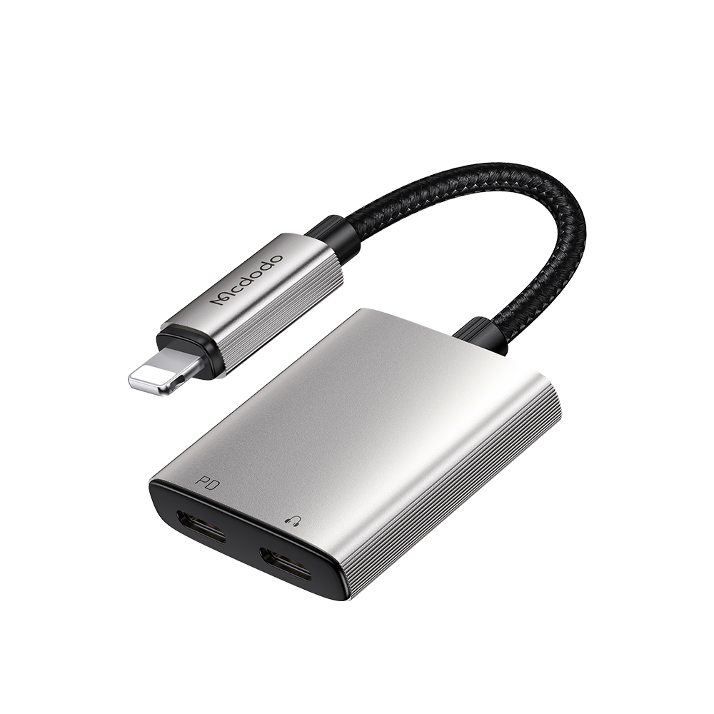 Mcdodo - audio adaptér řady Wales (CA-5560) - Lightning na 2x Lightning, hliníková slitina, nylon, 5V/2A, 12,5cm - šedá