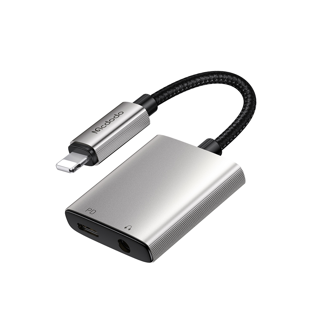 Mcdodo - audio adaptér řady Wales (CA-5540) - Lightning na Lightning, DC 3,5 mm, hliníková slitina, nylon, 5V/2A, 12,5 cm - šedá