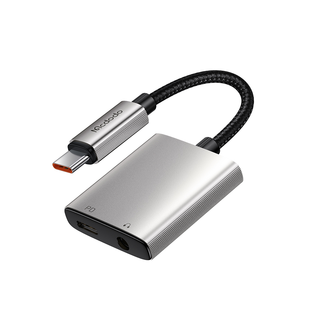 Mcdodo – audio adaptér řady Wales (CA-5050) – USB-C na USB-C, DC 3,5 mm, hliníková slitina, nylon, PD60W, 12,5 cm – šedá